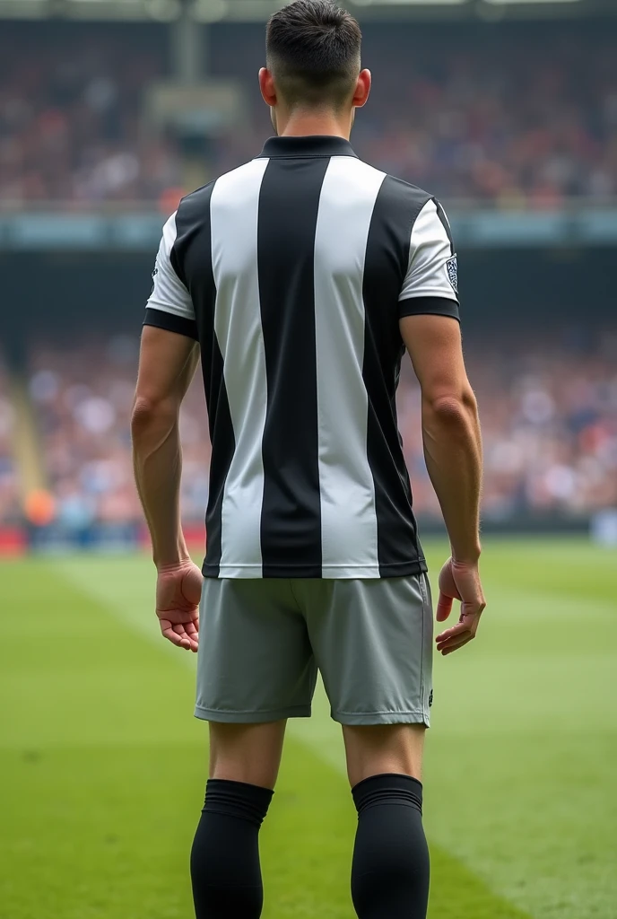 football uniform, polo collar shirt with vertical stripes in gray, white and black; Grey shorts; blackstockings.