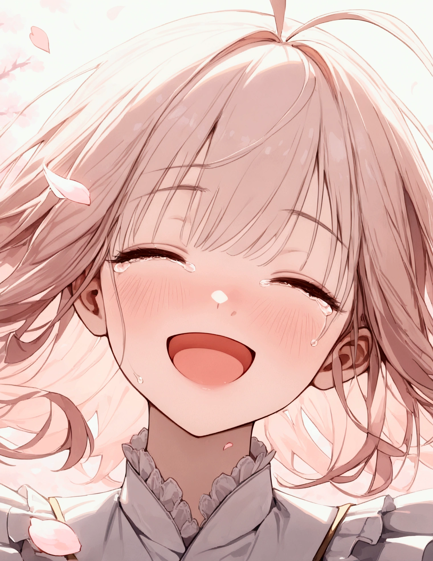 (uhd), (masterpiece:1.2), best quality, highres, award winning, high details,(Very absurd:1.2),4K quality,8K quality,Beautiful work、((hazy))、(Pale colors),from front、focus on face、Infectious laughter、Tears of joy、Smile and cry、antenna hair,Close ~ eyes,Light Pink Background,((Cherry blossom petals falling))、Say goodbye with a smile