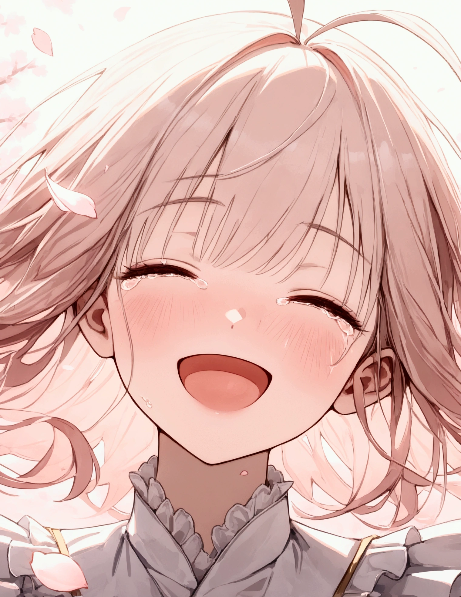 (uhd), (masterpiece:1.2), best quality, highres, award winning, high details,(Very absurd:1.2),4K quality,8K quality,Beautiful work、((hazy))、(Pale colors),from front、focus on face、Infectious laughter、Tears of joy、Smile and cry、antenna hair,Close ~ eyes,Light Pink Background,((Cherry blossom petals falling))、Say goodbye with a smile