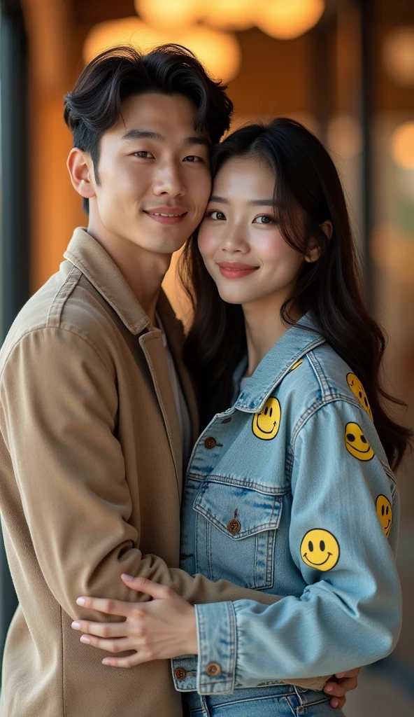 A handsome Korean young man with facial features similar to a well-known Korean celebrity is embracing his beautiful girlfriend in a cozy photoshoot. The man has a strong, defined jawline, high cheekbones, and expressive almond-shaped eyes that convey warmth and confidence. His slightly wavy hair is styled neatly, and he has a subtle, engaging smile that complements his refined appearance. His girlfriend, with a heart-shaped face and smooth, fair skin, radiates a natural glow. She has almond-shaped, deep brown eyes exuding warmth and kindness, framed by well-defined eyebrows with a gentle arch. Her small, straight nose has a soft, slightly rounded tip, and her full, naturally pink lips curve into a subtle, inviting smile. Her high cheekbones and soft waves of hair enhance her refined look. She is dressed in a trendy smiley face denim outfit—light-wash denim jacket and jeans with playful smiley face patterns. Both are looking directly at the camera, capturing their affectionate connection and her cheerful yet elegant style in a warm, engaging photoshoot setting.