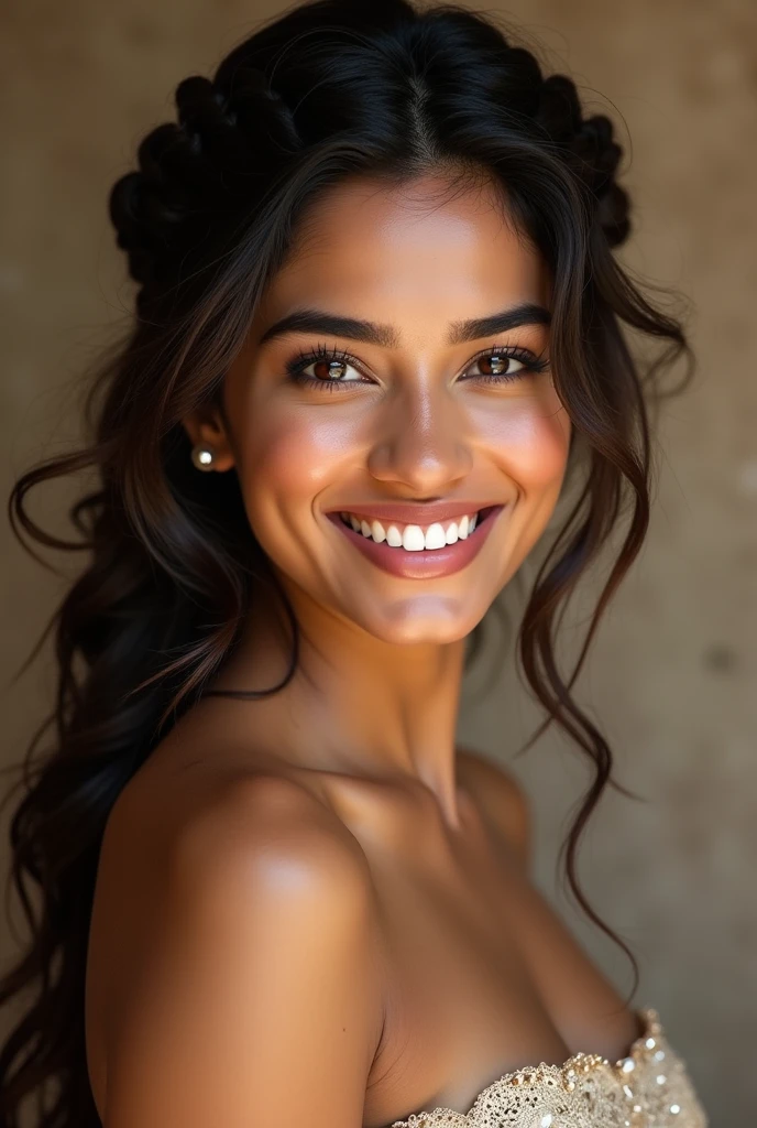 There is a young, Beautiful indian woman, who looks to the future like Katrina Kaif, Smiles into the camera, beautiful teeth, She looks into the camera, a portrait from raw photo, body, conservative modern europen color dress, ((hair Crown Braid),