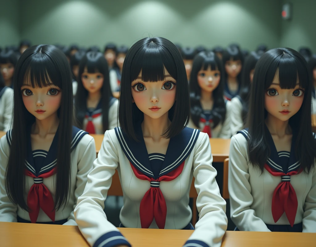 (Japanese Clone-girls=Myself), (Super Best masterpiece Clone-girls Raw Photography Art), (16K, Highest quality, Ultra-high resolution, RAW Photos), (It's so unrealistic., With unparalleled depiction, With an unfathomable sight, An unprecedented and shocking worldview, Clone-girls: In a world of mass reproduction, Ultra-realistic depiction), (Japanese girls, shinozaki-ai, 17yo), (Small face, Black Hair, Medium Hair, Dark Eyes, Mature face, Cute Smile), (Laughing expression), (Very beautiful and detailed girl, Accurate body structure, Accurate body movements, Very detailed body), (Super big breasts, Large bulge of ample breasts), (High School Girl School Uniform, Emphasise the fullness of your breasts), (Very detailed, Myself cloning, Depiction of splitting oneself, 1Myself girl→1,000,000,000,000,000,000,000,000,000,000Myself cloning girls), (Myself clone girlsは, With the same perfect appearance, to multiply in large numbers), (Very detailed depiction, Myself's multiplying female body, In the same female body,With the same face, With the same hairstyle, In the same clothes, At the same height, 同じSuper big breastsで, A completely indistinguishable female body, 1,000,000,000,000,000,000,000,000,000,000 people), (Myself girls only), (1,000,000,000,000,000,000,000,000,000,000Myself girls), lecture hall, Lecture, Chat, Enjoyable lessons, sit, Ultra-wide field of view, Focus on the average value of the image, Bright and easy on the eyes lighting.