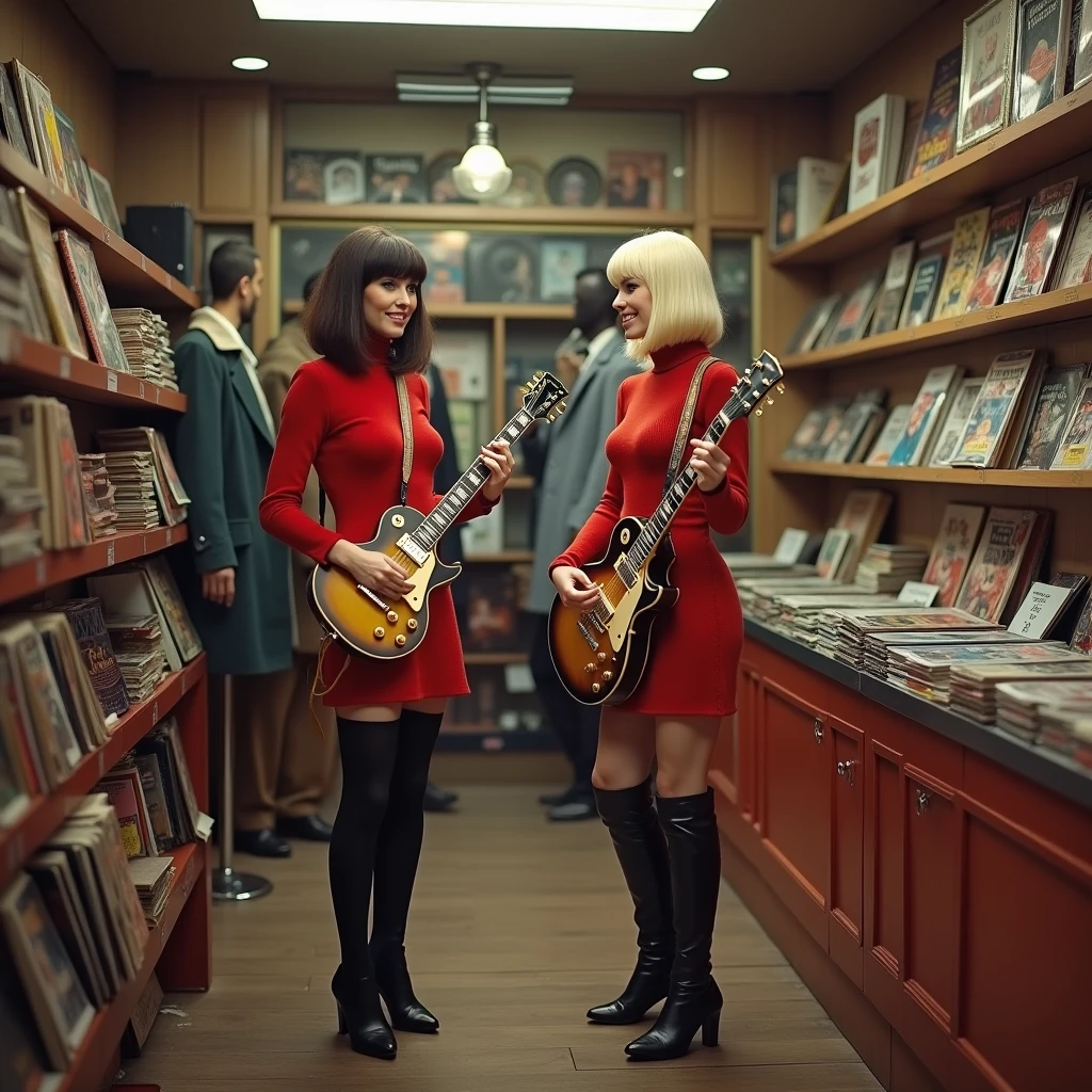 The time is Swinging London in 1967.、Full body shots of two very beautiful 2 glamorous women wearing 60's fashion、They are wearing tight turtleneck knitwear.AThe two are standing in a fashionable general goods store on Carnaby Street wearing line skirts and long boots, holding old-style electric guitars.、The small shop was packed with records, clothes, magazines and miscellaneous goods.、dark brunette and shiny blonde very stylish 60's bob haiir,sagging huge Breasts、Wooden flooring、Glass Showcase、60's clothes displayed on hangers、They are laughing and talking、60's makeup like Twiggy、super realistic vintage old guitars,