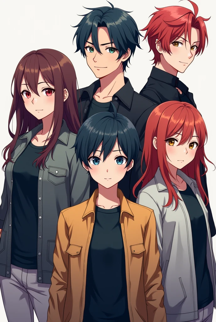 anime profile pictures, consist of three girls and two boys, good quality, fasionable modern outfit, make them wear jacket.