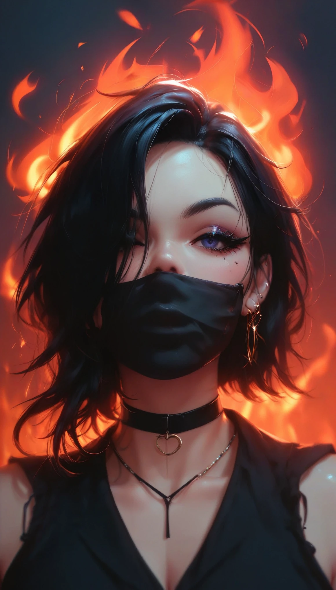 A character with an imposing and energetic appearance, wrapped in intense flames of vibrant colors ranging from orange to purple, creating a feeling of overwhelming power. His hair is white and messy, contrasting with a black mask covering his eyes, giving it an enigmatic and dangerous air. The character wears a dark tunic tied with a ribbon., while his body seems to emanate a fiery energy that distorts into chaotic patterns around him. The lines of fire and energy blend with your figure, highlighting his control over immense forces. The art style is colorful and dynamic, with thick strokes and fluid movements that convey a sense of action and supernatural power