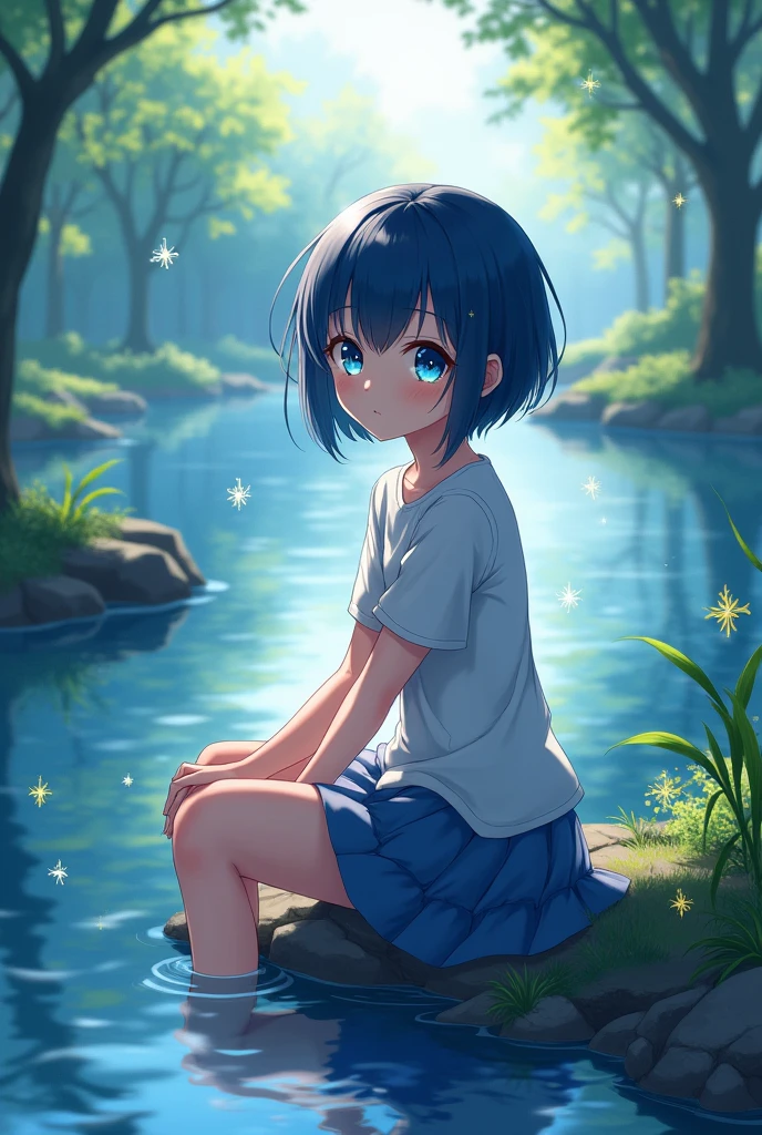 A pretty teenage anime girl, with dark blue short hairs and dark blue eyes, there is a small star in each eyes, sitting on a river bank