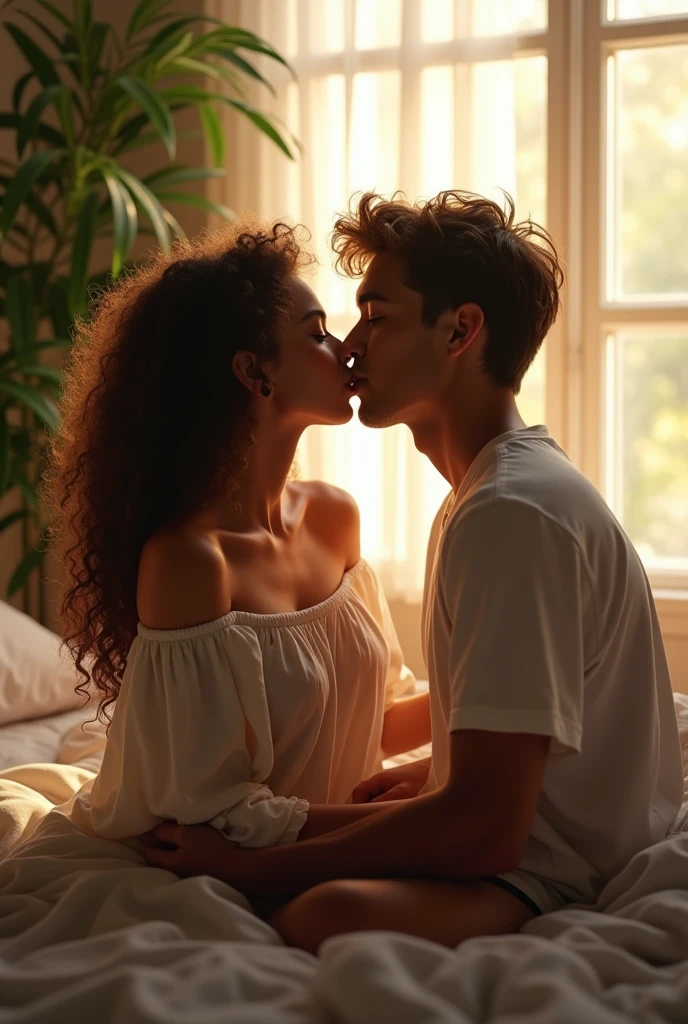 (photorealism:1.2), beautiful girl and boy, sitting on bed, wearing loose off-shoulder top, lip kissing, long curly hair, indoors, soft lighting, plants in background, window with sunlight, cozy room,