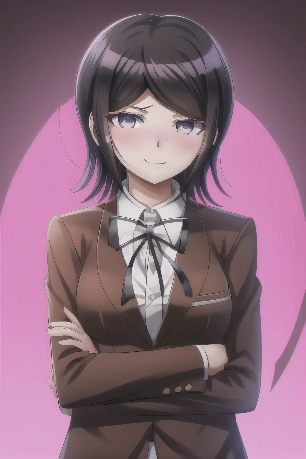 Mukuro Ikusaba. Masterpiece, Best Quality,  1girl, solo, jacket, ribbon, shirt, neck ribbon, upper body, looking at viewer with shy blushing smile, collared shirt, brown jacket, white shirt, black ribbon, breasts, simple background, closed mouth, white background, long sleeves, shiny hair, school uniform, transparent background, medium breasts, shiny. 