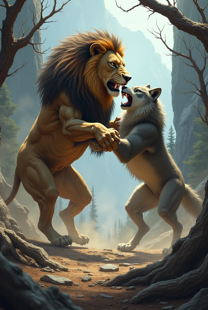 Lion vs wolf fighting