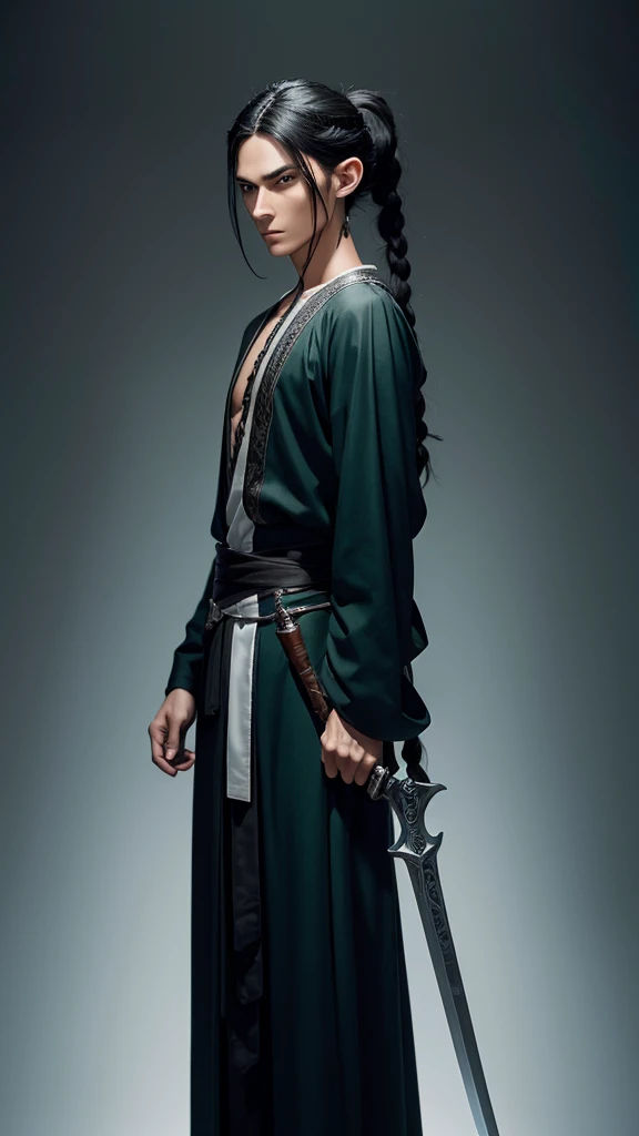 Black haired male elf, slender face, high cheek bones, haughty expression with piercing blue eyes. Hair braided into a shoulder length ponytail with small silver pins decorating its length. Standing, looking at viewer, dressed in long, dark green robes. Holding a curving scimitar by the hilt in one hand - the blade of which rests on his shoulder. Oil painting.