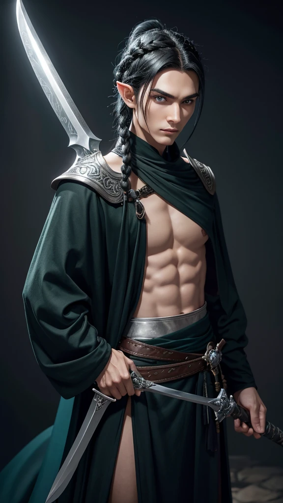 Black haired male elf, slender face, high cheek bones, haughty expression with piercing blue eyes. Hair braided into a shoulder length ponytail with small silver pins decorating its length. Standing, looking at viewer, dressed in long, dark green robes. Holding a curving scimitar by the hilt in one hand - the blade of which rests on his shoulder. Oil painting. 