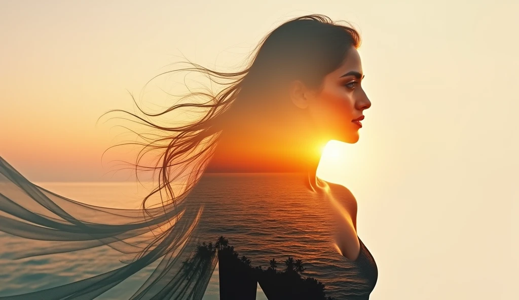 high quality, 8K Ultra HD, A beautiful double exposure that combines an goddess silhouette ,Sonam Kapoor look a like with sunset coast, sunset coast should serve as the underlying backdrop, with its details incorporated into the goddess , crisp lines, The background is monochrome, sharp focus, double exposure, by yukisakura, awesome full color,