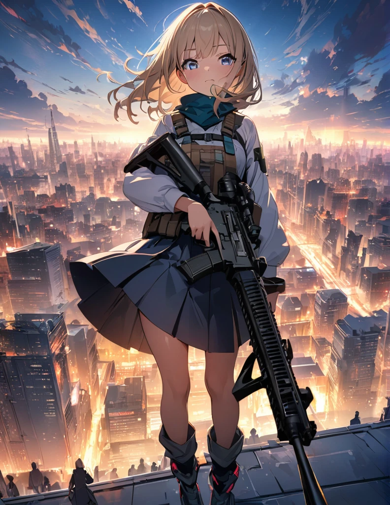 (anime)、(masterpiece:1.2),Atmospheric perspective,Lens flare、Ultra-wide background focused on the girl、Future City、girl standing on the roof、cute、Another World M4 Carbine,Possession of a gun
