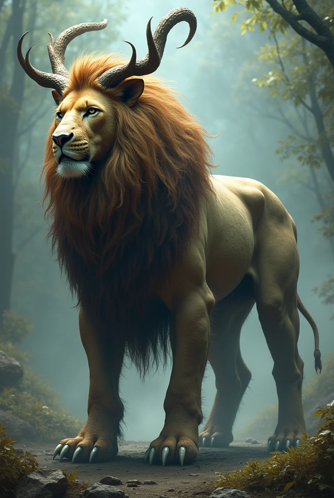 Large animal, with a mane, with branched horns, with powerful paws, thin tail with a fluffy tip