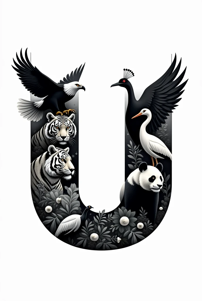 "Create a black-and-white logo in the shape of the letter 'U' using the images of the following animals and birds: American Bald Eagle, Indian Bengal Tiger, Indian Green Peacock, Chinese Giant Panda, and Chinese Red-crowned Crane. The images of these animals and birds should be intricately integrated into the 'U' itself, not just along the border. The Bald Eagle's wings should form the upper curves of the 'U,' while the Bengal Tiger's stripes create texture within the letter. The Peacock's feathers should blend into the left side, adding intricate detailing. The Panda's face should be incorporated into the center base of the 'U,' and the Red-crowned Crane should be gracefully positioned on the right side, with its wings and long neck enhancing the curve. The entire design should be in black and white, ensuring that each element is distinguishable but harmoniously connected to form the unified 'U' shape."