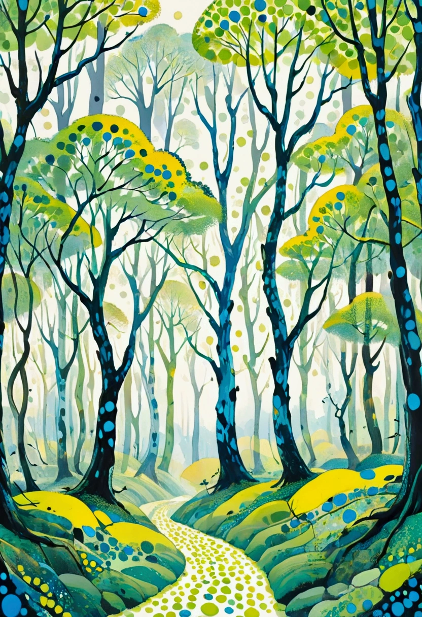 a painting of a group of Trees with green and blue dots, whimsical forest, bright nordic forest, painting of a forest, by Walasse Ting, bright forest, Inspired by Evander Earle (Eyvind Earle), Some yellow-green and blue, forest. white Trees, and green, author:Rainer Maria Ratzke, Written by Joseph Breznay, Tree