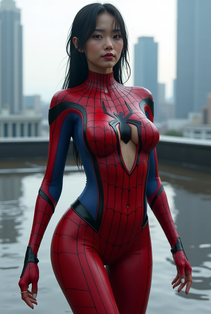 ((Riley Reid )), (((exposed breasts, covering nipples))), removing costume:1.2, bright eyes, ((costume is open from her chest to her vagina)), smile, Beautiful woman detailed defined body, ((spider man cosplay)), small breasts, ((breasts popping out)), thigh gap, (perky), brunette hair, narrow waist, wide hips ((bare chest)), (show nipples) (((location is detailed city rooftop))), time of day is night, the costume is coming off, ((her bare breasts are exposed)), visible nipples, (visible vagina)