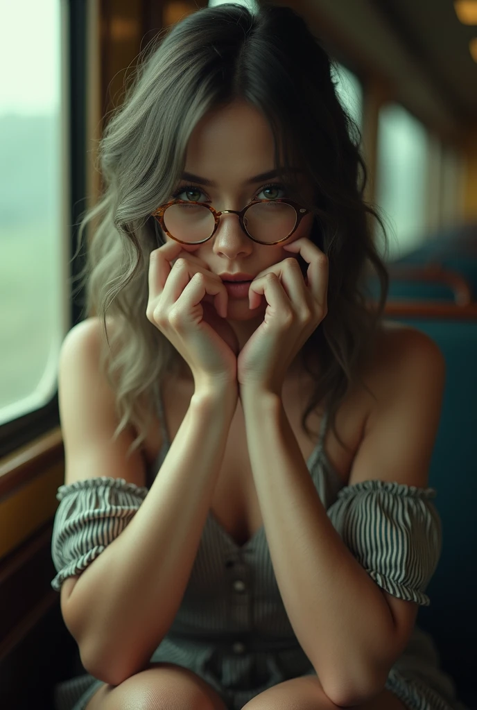 Copiar prompts
(Best quality, Ultra detailed, Golden ratio, Masterpiece:1.2), Theatrical lighting:0.7, Photo of a  woman , in a very elegant and pretty , Perfect rare face, (Highly detailed skin), randomly dyed hair, Hide your mouth with your hands、Ridicule, skin texture, Pale skin, shiny skin, (thin, large size:1.2), [:(Sharp focus on rare face, perfect eyes:1.2):0.2], photorealistic, film grain, Put one foot forward、from below looking up、look at camera、big boobhasize the shoulders, the boobs、 Fon face、Stockings、glasses、Smile with corners of mouth raised、disdainful expression, summer haze, muted colors, muted warm colors, Photo cinematic portrait of a woman dressed in a striped dress sitting by the window in the early morning, cinematic, (tilted:1.3) (on an old train) look cautious, standing under a spotlight, volumetric dust clouds, key light, backlight, soft natural lighting, photography Film grain ISO 400 30 mm lens RAW f1.8 aperture, highly detailed (analog photogr:1), colors hdr