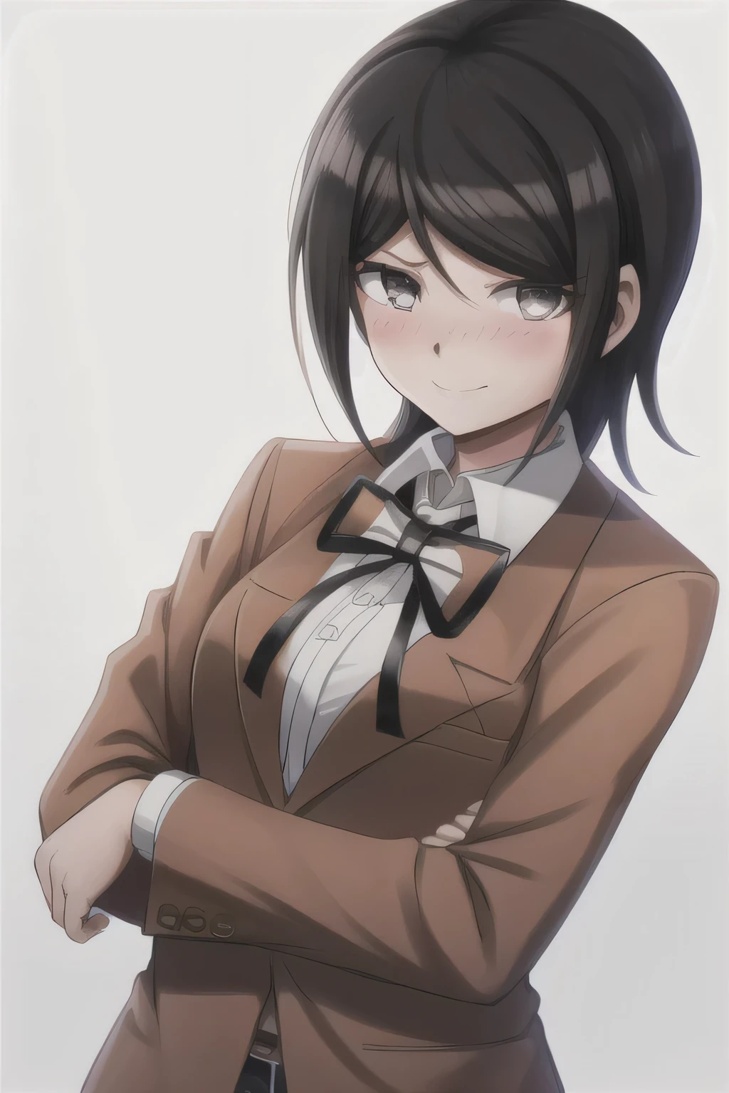 Mukuro Ikusaba. Masterpiece, Best Quality,  1girl, solo, jacket, ribbon, shirt, neck ribbon, upper body, looking at viewer with shy blushing smile, collared shirt, brown jacket, white shirt, black ribbon, breasts, simple background, closed mouth, white background, long sleeves, shiny hair, school uniform, transparent background, medium breasts, shiny. 