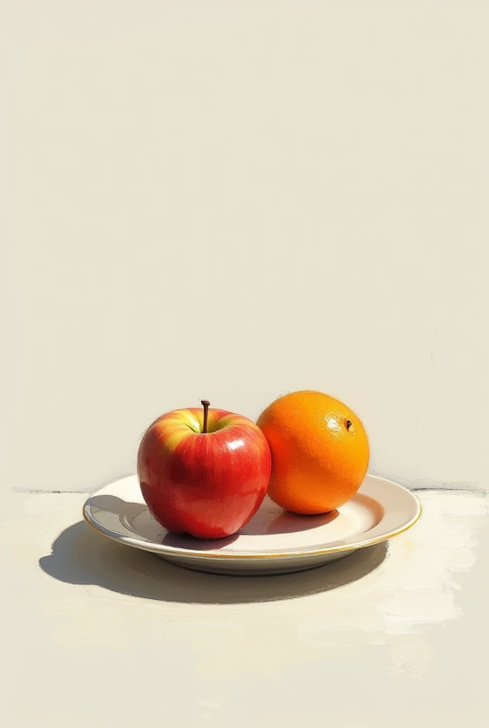sketch oil pant picture apple and orange on the dish. they are in the clean room.