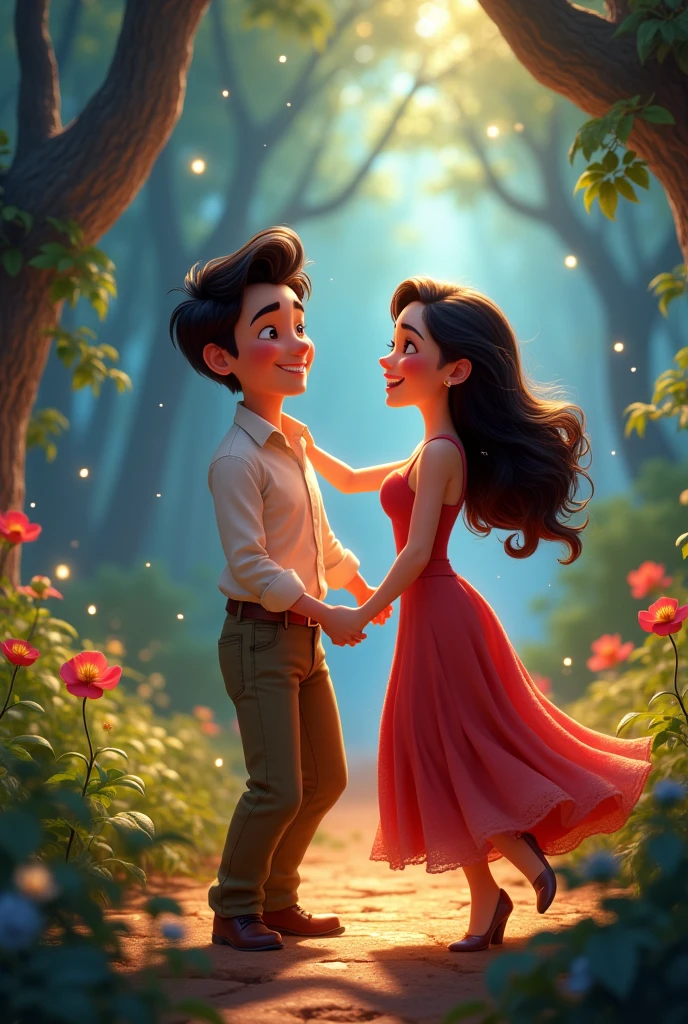 illustration , A final scene of Maria and Lucas laughing and dancing, full of joy, after tasting the Sweet of Happiness. The forest in the background is full of bright lights and vibrant colors., symbolizing the happiness they experience. Disney pixar