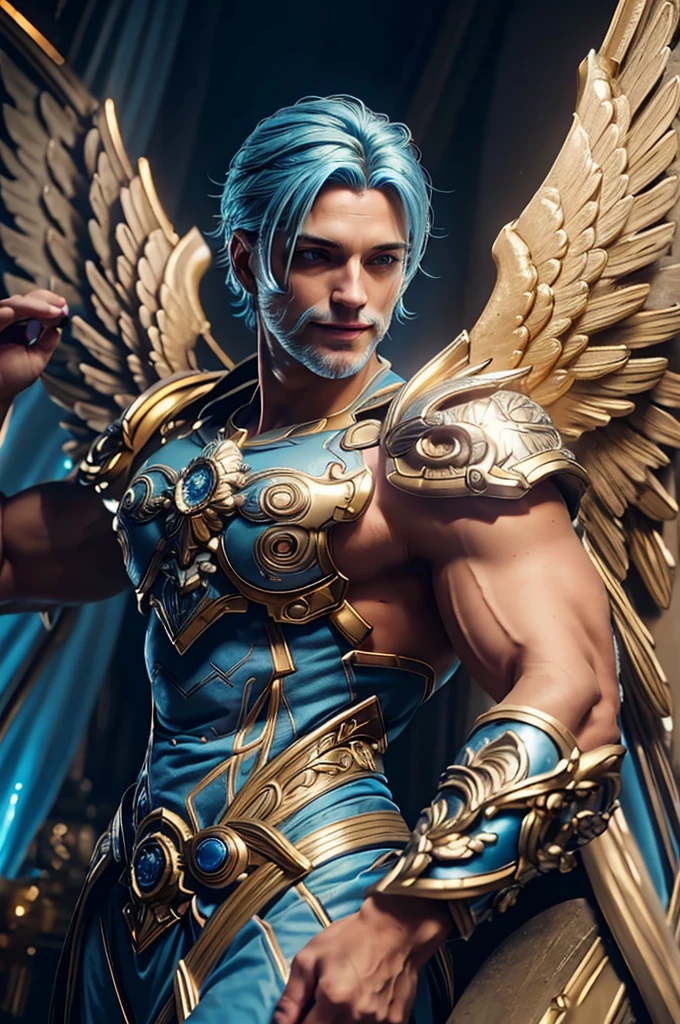 a male angel with light blue hair,bright golden eyes,perfect smile,average build,detailed eyes and face,extremely detailed skin,delicate facial features,heavenly atmosphere,cinematic lighting,intricate angelic wings,glowing aura,serene expression,masterpiece,photorealistic,8k,hyper detailed,dramatic lighting,cinematic,muted colors,soft warm glow