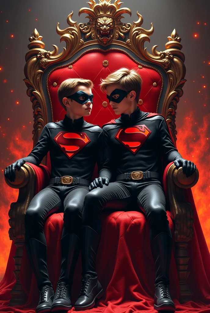 a 2 boy as super hero in hell and he is sitting throne and he is King of hell full super hero rad and black suit