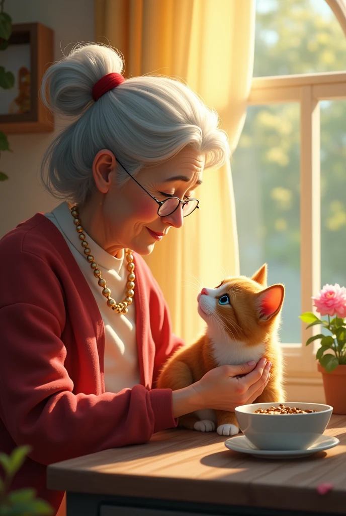 : A kind-hearted old woman, with gentle eyes and a warm smile, buys Angel Cat using all her savings. She lovingly bathes Angel Cat, feeds her, and takes her to the park. Angel Cat purrs contentedly, finally feeling safe and loved.