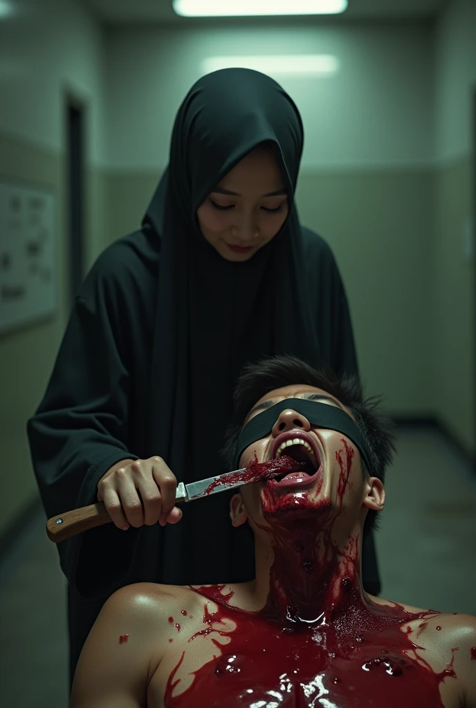 Realistic, A very beautiful Indonesia jilbab elegant graceful girl knife, cut throat A boy prisoner blindfold neck bloody splash, full body, wide open throat, throat contents