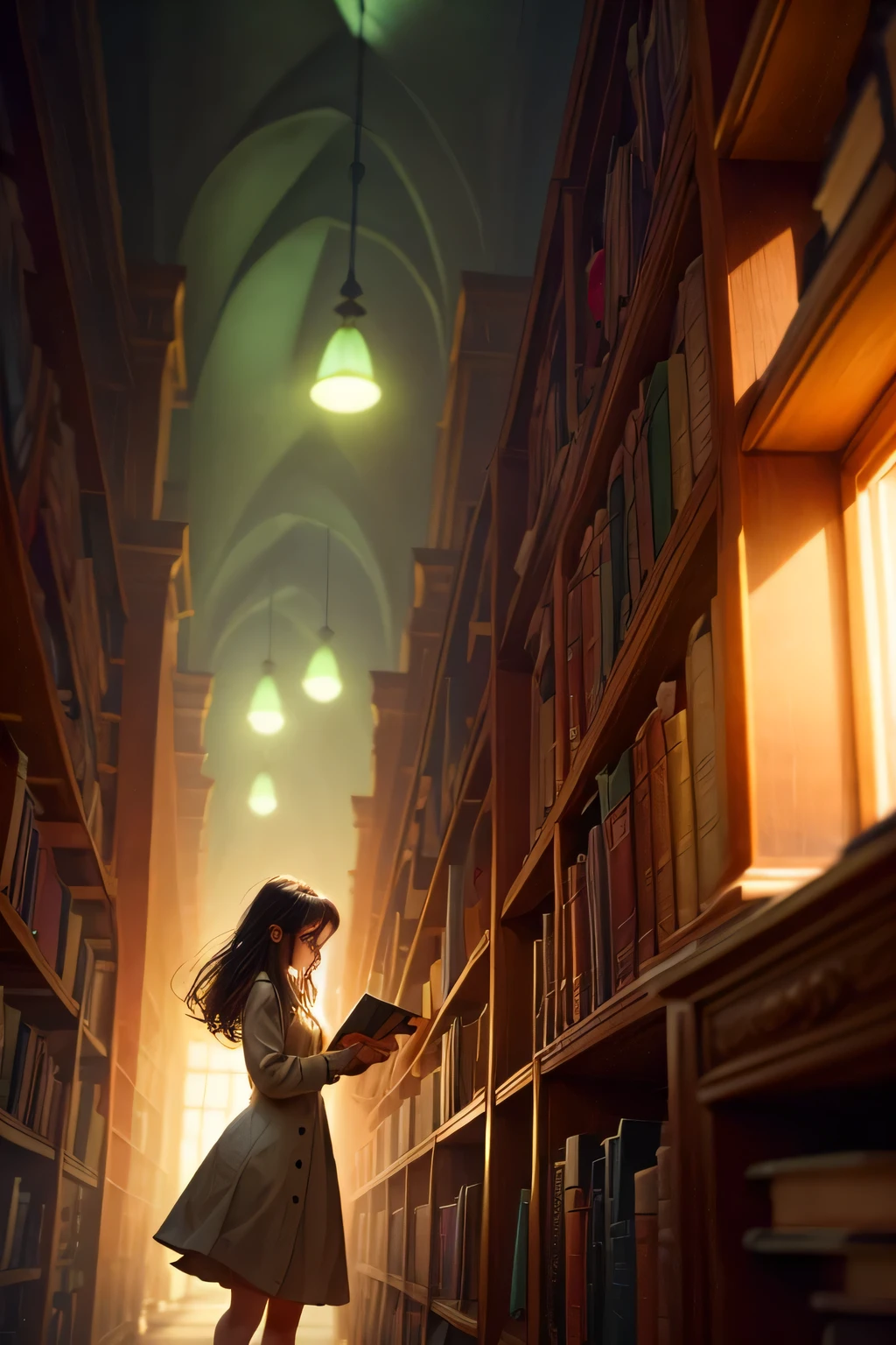 A young girl in a dimly lit library, browsing ancient books on towering shelves. The atmosphere is calm but eerie, with shadows lurking in the corners and a sense of something watching her