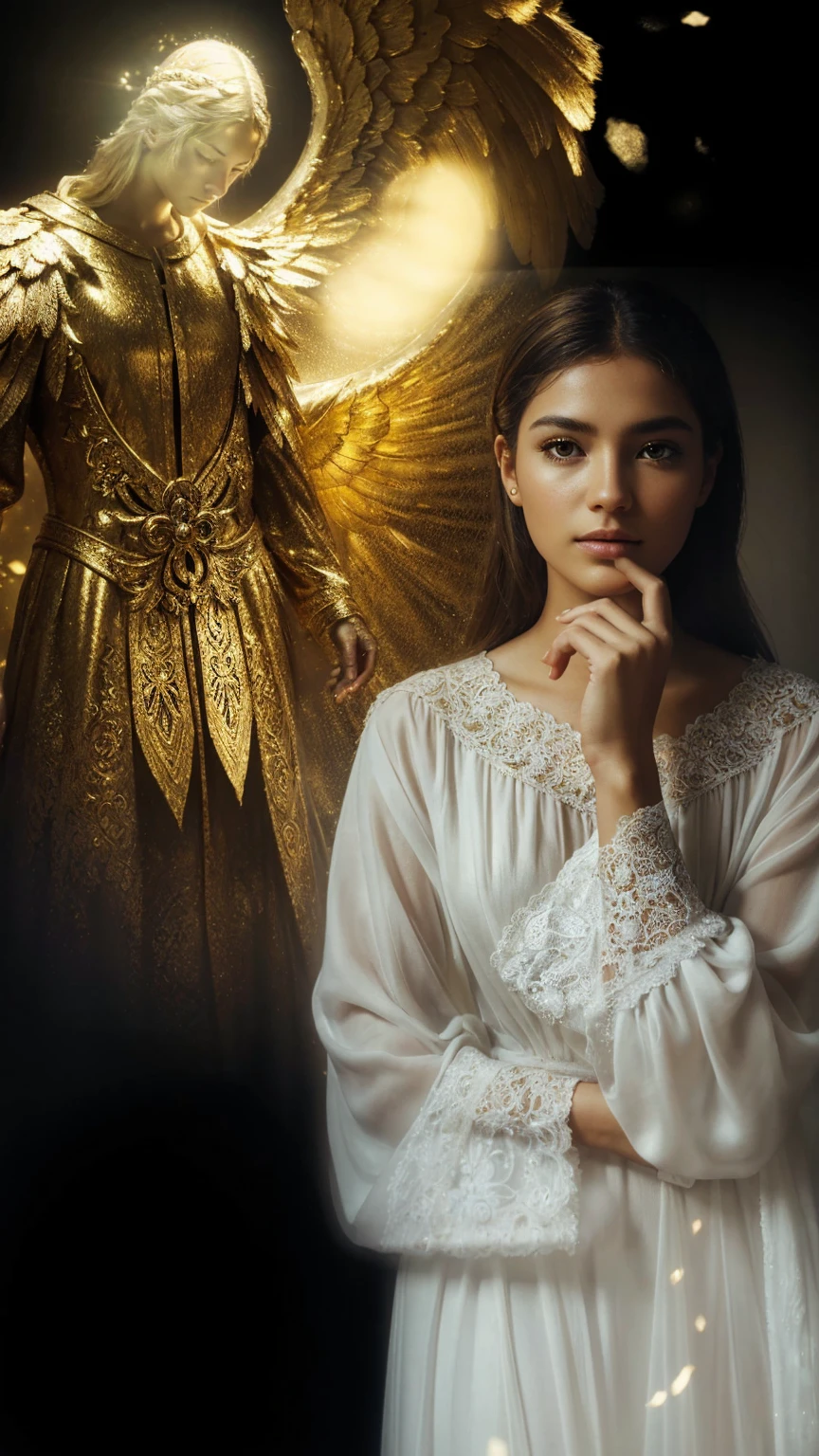 Subtle and beautiful image. A person thinking about something. Next to her is an angel. Dressed in a white tunic, he radiates a lot of light, golden highlights, his outfit is very detailed and defined. Photorealism, full view, very detailed image, very realistic, Ultra HD, 8k, Unreal Engine 5, sharp focus, intricate and mysterious masterpiece. (Long exposure photography Artistic illustration close-up portrait very detailed: final quality, medium shot, backlight, Rich and striking. Enigmatic and mysterious manipulations (composition of the rule of thirds), ((detailed environment with strong lines) The best quality, in camera, white light, warm and clean aesthetics, dazzling screen composed of millions of brilliant ultraviolet rays, HDR.