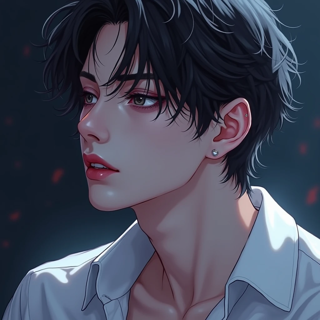 BTS Jeon jungkook as vampire dark aesthetic with piercings on his ear lips wearing white loose shirt in anime version and sexyness closeup shot side profile