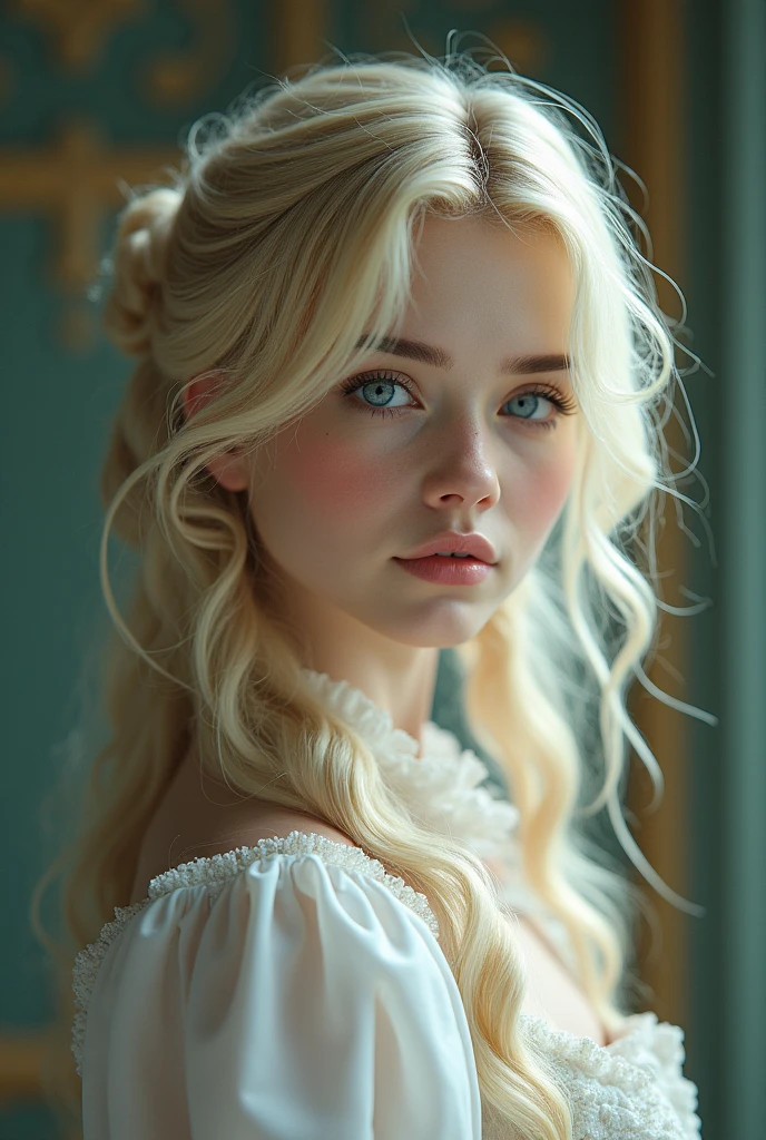 Girl with blonde hair and blue eyes who look like unreal like a bjd doll but still builded as normal human with soft feature like elle fanning. As if cosplaying athanasia de alger obelia