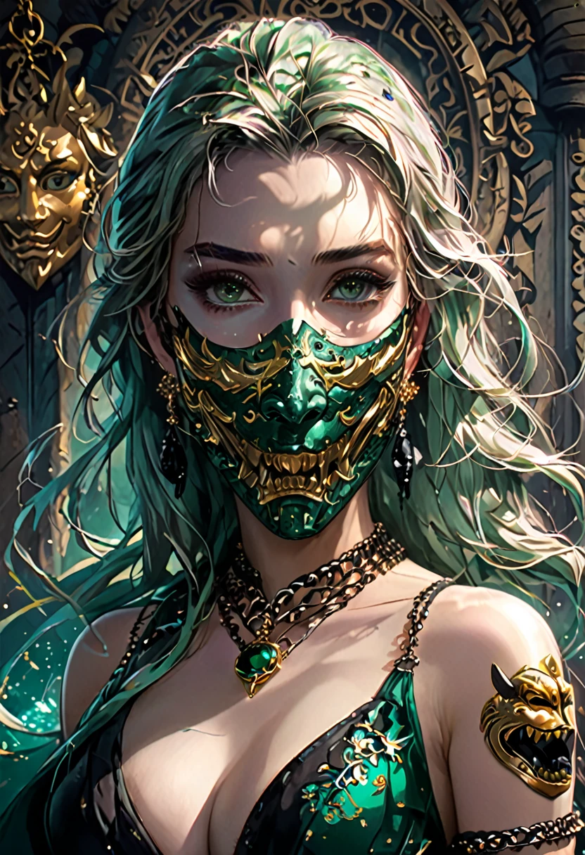 (good quality), (many details), (masterpiece), face as portrait, Elsa(disney) with a half mask(covers the left half of the face) made of black stone, mask with decorations in gold and obsidian(green), chain from the mask to the right ear, naked breasts, dark face expression, horror, NSFW, sexy