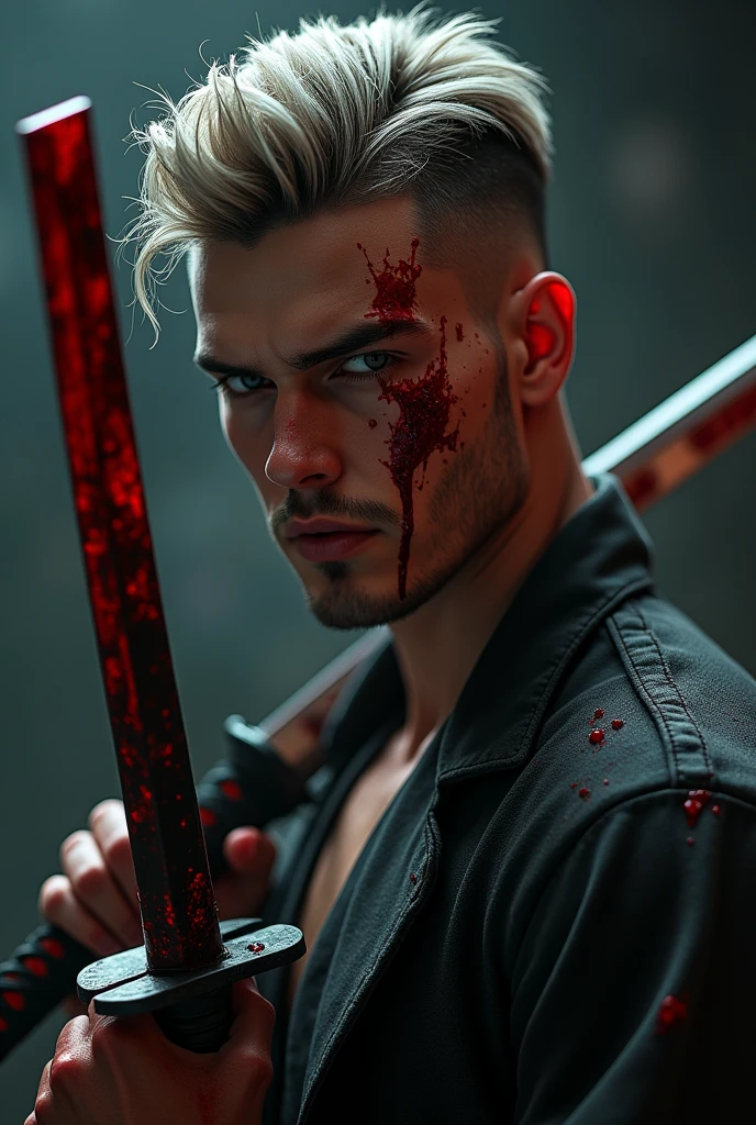 Stylish fade under cut hairstyle in men with katana sword blood in his body and face