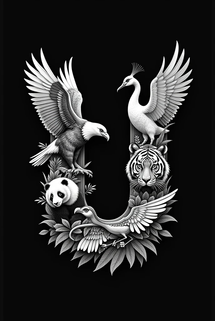 "Create a black-and-white logo in the shape of the letter 'U' using the images of the following animals and birds: American Bald Eagle, Indian Bengal Tiger, Indian Green Peacock, Chinese Giant Panda, and Chinese Red-crowned Crane. The images of these animals and birds should be intricately integrated into the 'U' itself, not just along the border. The Bald Eagle's wings should form the upper curves of the 'U,' while the Bengal Tiger's stripes create texture within the letter. The Peacock's feathers should blend into the left side, adding intricate detailing. The Panda's face should be incorporated into the center base of the 'U,' and the Red-crowned Crane should be gracefully positioned on the right side, with its wings and long neck enhancing the curve. The entire design should be in black and white, ensuring that each element is distinguishable but harmoniously connected to form the unified 'U' shape."