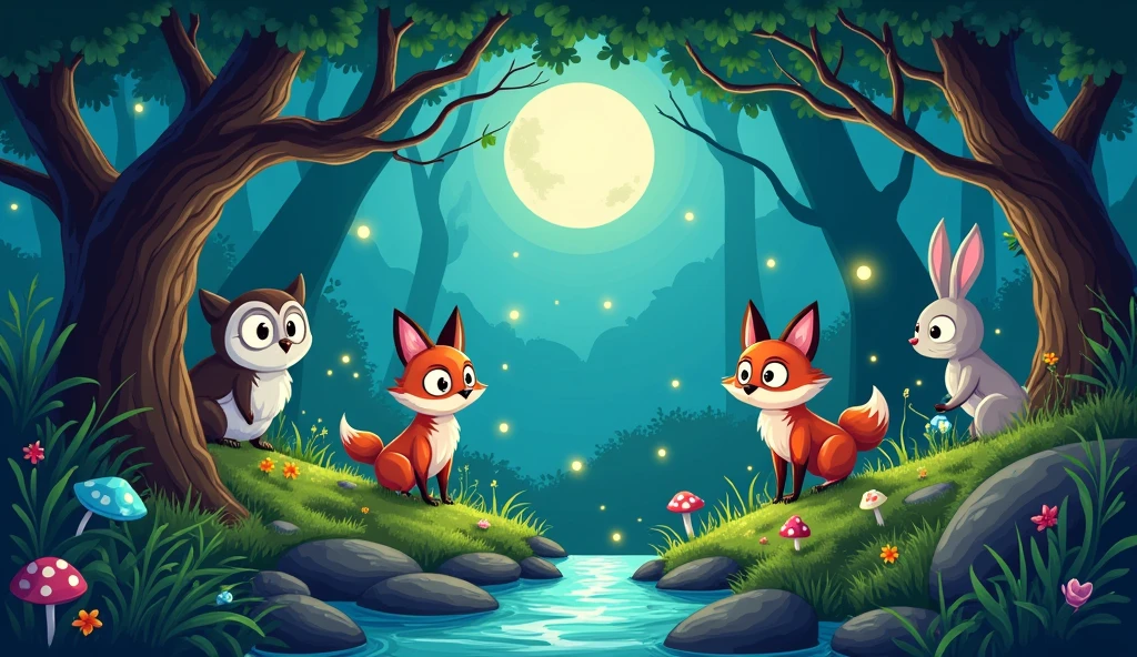 create a cartoon The forest Underneath the silver moon