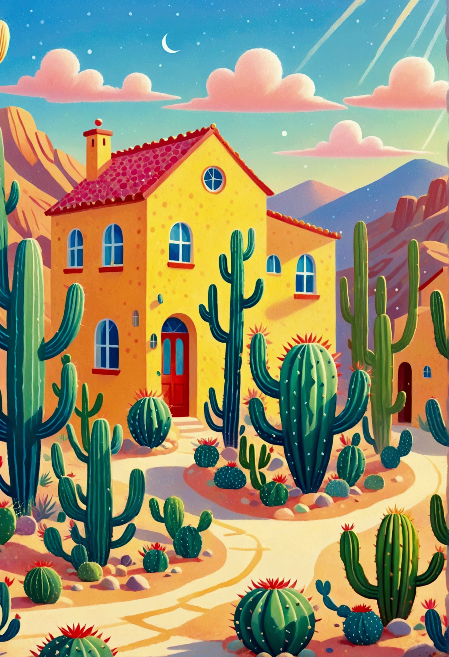 House painting with cactus and yellow house in desert, Jane Newland, sunlight and whimsical houses, painting illustration, dreamy illustration, blurred and dreamy illustration, author:miwa komatsu, Pointillism method, stylized digital illustration, illustration!, blurry and dreamy illustration, colorful illustration, Inspired by Tarsila do Amaral, mottled cactus