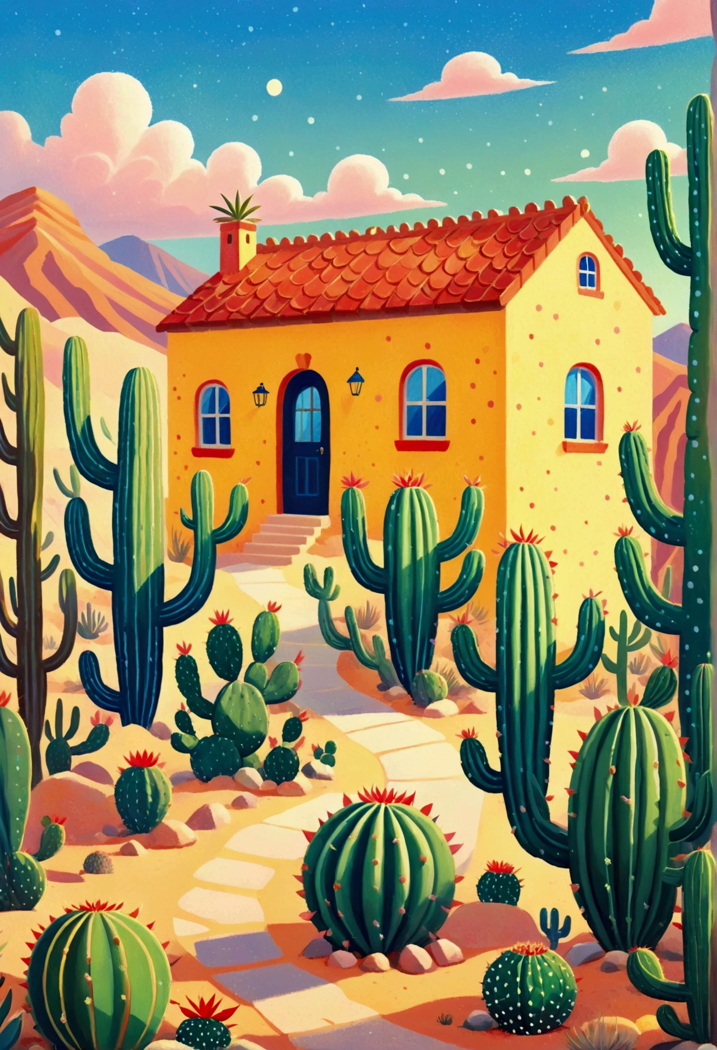 House painting with cactus and yellow house in desert, Jane Newland, sunlight and whimsical houses, painting illustration, dreamy illustration, blurred and dreamy illustration, author:miwa komatsu, Pointillism method, stylized digital illustration, illustration!, blurry and dreamy illustration, colorful illustration, Inspired by Tarsila do Amaral, mottled cactus