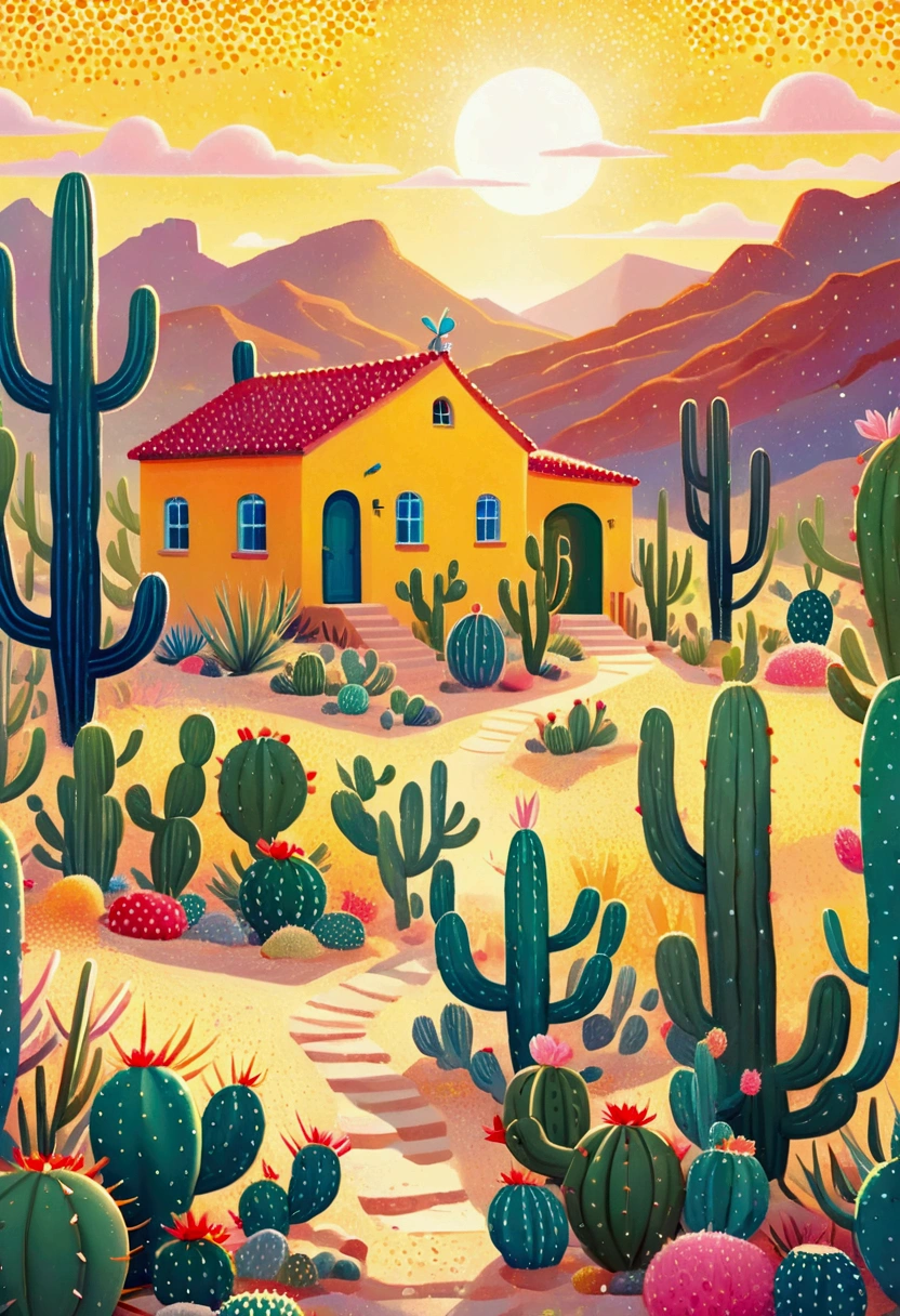 House painting with cactus and yellow house in desert, Jane Newland, sunlight and whimsical houses, painting illustration, dreamy illustration, blurred and dreamy illustration, author：miwa komatsu, Pointillism method, stylized digital illustration, illustration!, blurry and dreamy illustration, colorful illustration, Inspired by Tarsila do Amaral, mottled cactus