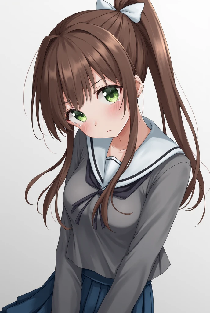 Monika, bangs, very long hair, smile, long hair, neck ribbon, looking at viewer, ponytail, shirt, school uniform, hair bow, white bow, pleated skirt, brown hair, grey jacket, sidelocks, solo, blush, blue skirt, skirt, 1girl, breasts, blazer, green eyes, sad face, crying