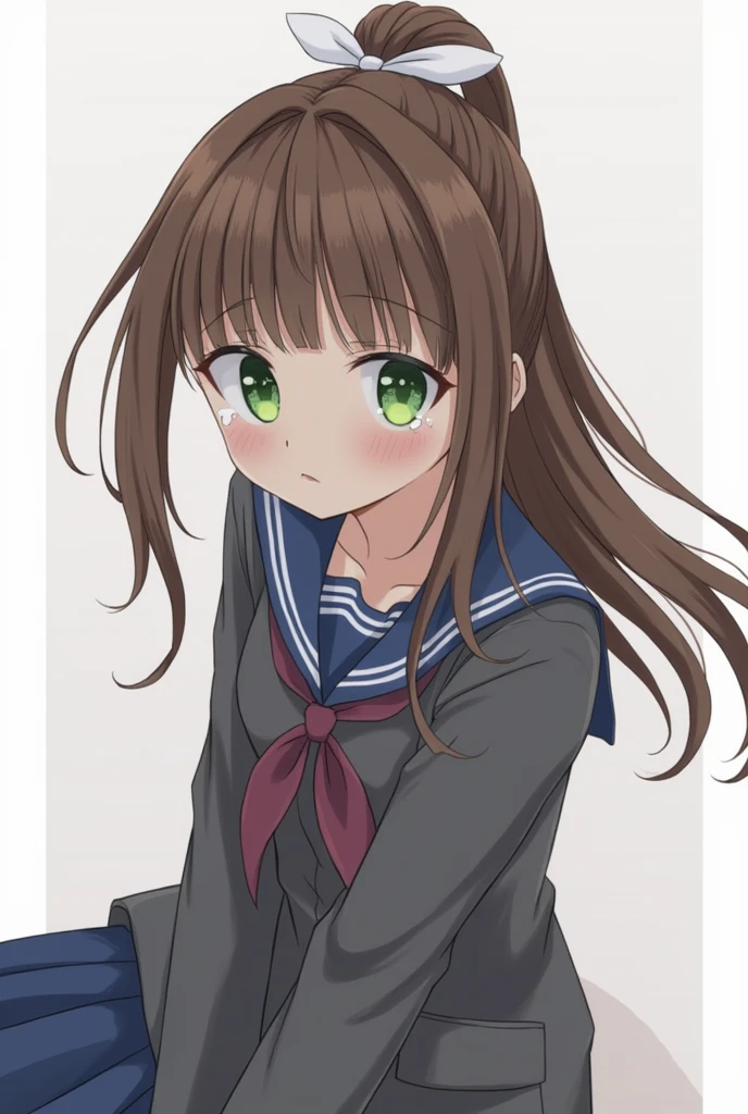 Monika, bangs, very long hair, smile, long hair, neck ribbon, looking at viewer, ponytail, shirt, school uniform, hair bow, white bow, pleated skirt, brown hair, grey jacket, sidelocks, solo, blush, blue skirt, skirt, 1girl, breasts, blazer, green eyes, sad face, crying