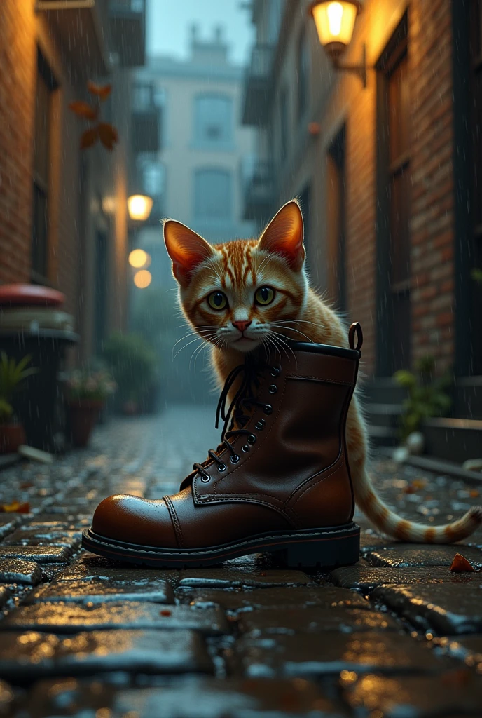 A cat wearing a boot in a rainy alley