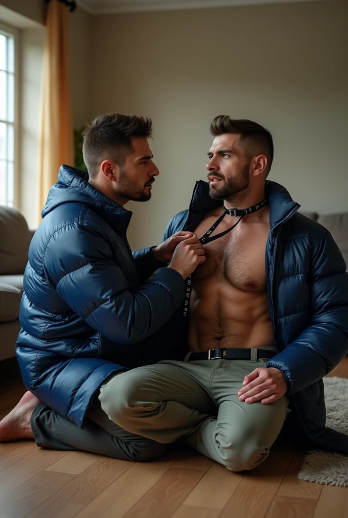Violent BDSM with two visibly handsome and seductive macho gay men hyper-realistic, BDSM image, RAW, high resolution, high definition, high texture, showing two extremely seductive and handsome men together in a living room with high natural lighting. (((Wonderful and seductive uncle, 4, short hair with signs of initial baldness, wearing pants and an *extremely shiny blue nylon puffer jacket* open, exposing his hairy chest and slightly prominent belly. He is kneeling on the floor, *wearing a collar around his neck*, being pulled by the collar by his nephew, a very handsome and domineering man, 2, natural physique, dressed in a dress shirt and casual pants, next to his wonderful uncle submissive))). (((The *domineering nephew, with a maliciously authoritarian expression, pulls the leash of the collar attached to the submissive uncle's neck*, while the submissive uncle, *kneeling*, expresses that he is visibly humiliated))). High natural lighting, which enhances the realism of the BDSM image. The image must capture every detail accurately, emphasizing the BDSM interaction and the role contrast between the two men together (dominant nephew together with the submissive uncle), highlighting the realistic BDSM image with two handsome and seductive men together. Super details, best quality, anatomically correct, accurate.