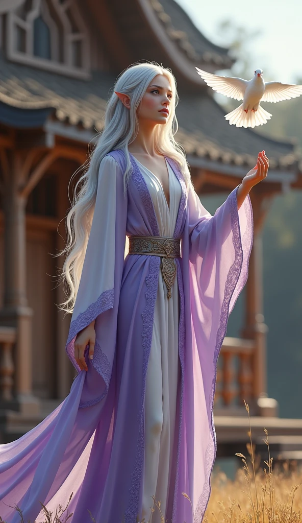 Full-body portrait. A beautiful silver-haired elven woman, wearing purple and white clothes, stands while flying a dove. The background is a simple house made full of shiny brown wood in an elven village. The background of the house is a beautiful elven village. This scene is a very detailed and professional 3D digital art. A masterpiece. 12k