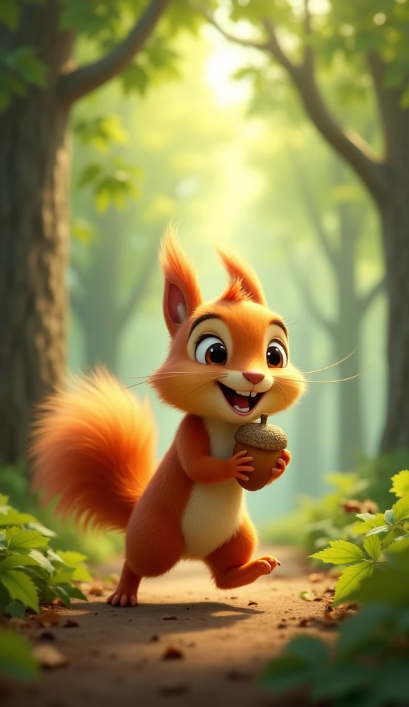 Squeaky the Squirrel: A small, energetic squirrel with bright brown fur and a fluffy tail. He has big, curious eyes and often carries an acorn.