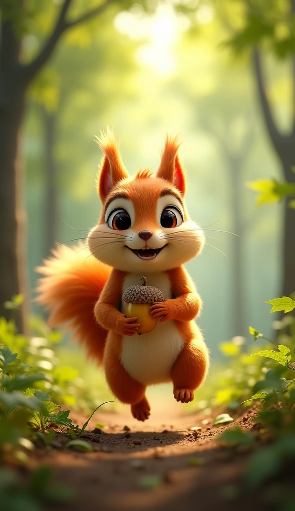Squeaky the Squirrel: A small, energetic squirrel with bright brown fur and a fluffy tail. He has big, curious eyes and often carries an acorn.