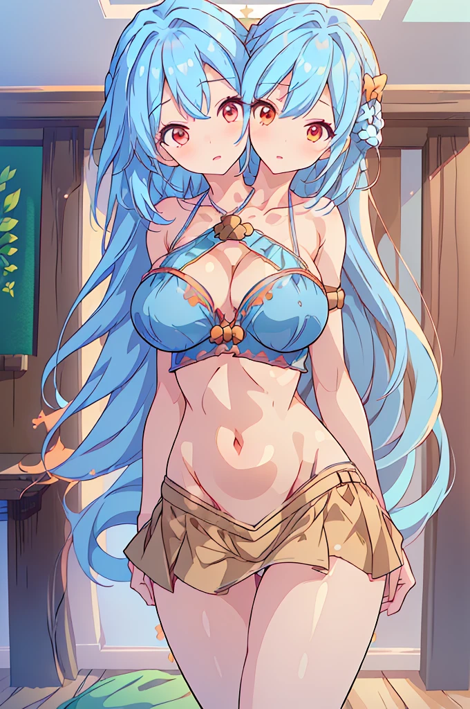 (masterpiece, best quality),best quality, best resolution, (ultra-detailed), ((3heads:1.5)), ((three headed girl:1.5)), 1girl, three heads, (keiki haniyasushin:1.3), masterpiece, best quality, ultra quality, ultra resolution, yellow top, crop top, ((stomach)), midriff, ((groin)), yellow skirt, miniskirt, normal ears, shackles, sky (light blue hair:1.5), (same hair color), (blunette:1.5), very long hair, wavy hair, beautiful eyes, red eyes, parted lips, smiling, soft smile, cute smile, cute, toned belly, hand on own chest, eyelashes, (2 woman:1.3), (masterpiece:1.5), (best quality:1.5), (beautiful detailed), extremely detailed CG, extremely delicate and beautiful, depth of field, (finely detailed face), (perfect details:1.2), (mature female:1.3), wide pelvis, slender, large veiny breast, 16k resolution, highres, high quality, high definition, extremely detailed, masterpiece, sky blue hair, long hair, alluring presence, twin braid, short skirt, close up, very big breasts, huge breasts, young, green handkerchief, (wearing a haniwa:1.4), kofun period clothing, three headed girl, 3heads,