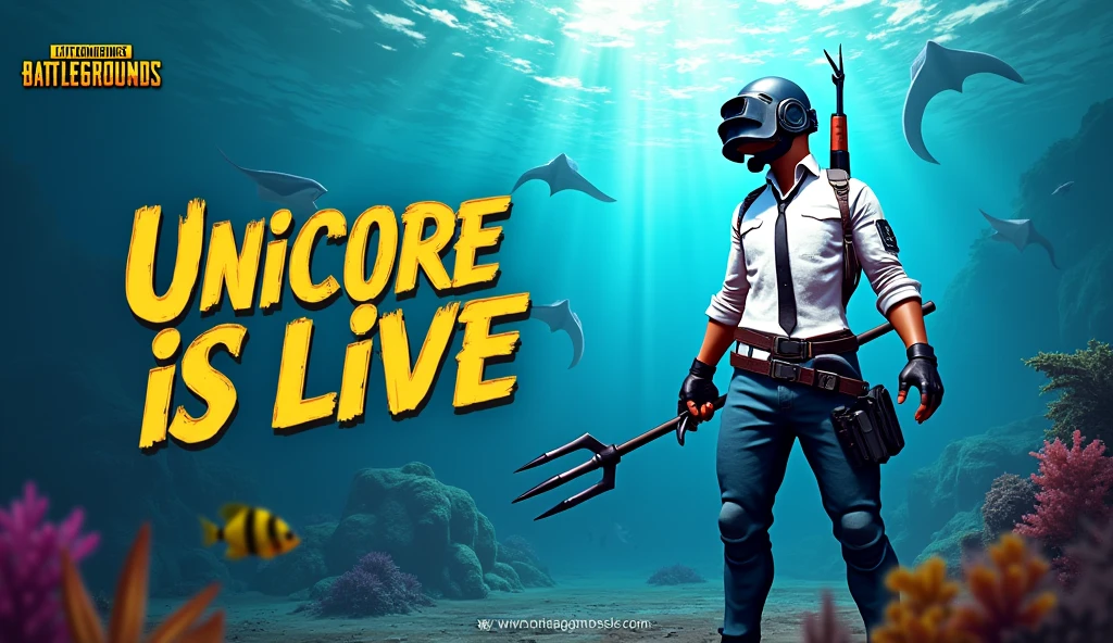I want a baground of see fishes stingray a pubg character who hold a trident in his hand and stan right side of image and write unicore is live in big size in three rows in left side in gaming font in yellow and white color write is under unicore change baground