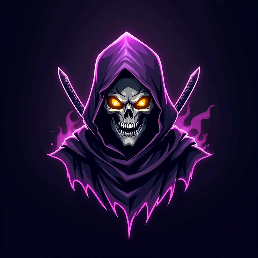 A menacing skull with glowing golden eyes and a sinister grin, shrouded in a tattered, dark purple hooded cloak, the cloak appearing to be made of mystical, flowing energy, giving it a ghostly, ethereal look, with vibrant purple highlights that contrast against the deep, dark background, two curved, sharp mini samurai daggers partially visible beneath the cloak, dark fantasy-inspired, highly detailed, powerful, aggressive, competitive, deep purples, blacks, vibrant gold, white highlights, strong, mysterious, fierce identity, perfect for e-sports